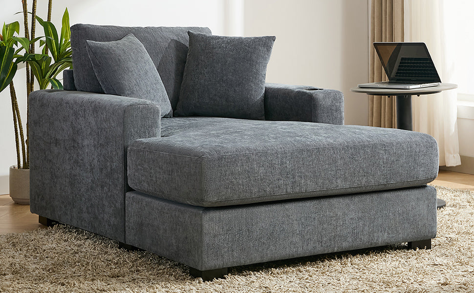 43.5" Oversized Chaise Lounger Modern Style Sofa Couch ,With Pillows, Charge Station & Cup Holders, Chenille Fabric, Blue Gray Blue Gray Chenille