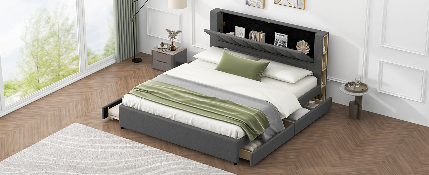 King Size Upholstery Platform Bed With Storage Headboard, 2 Drawers And Trundle, Gray King Gray Upholstered