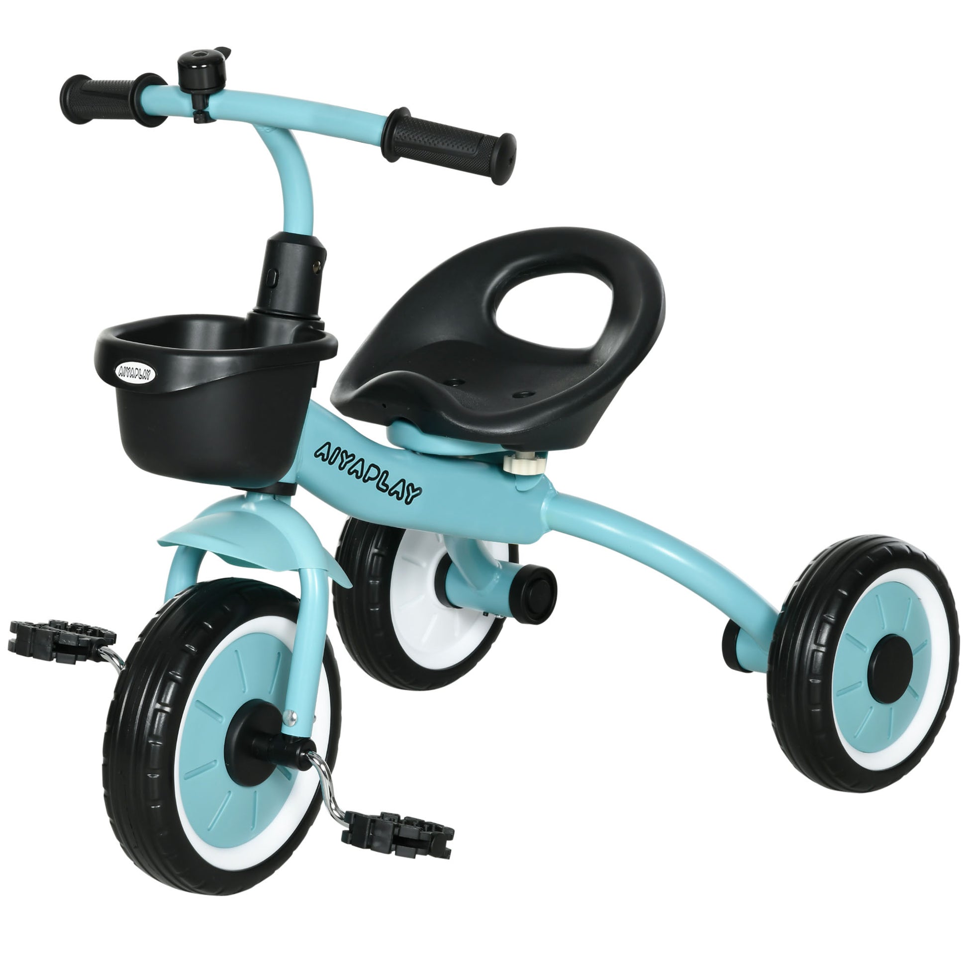 Qaba Kids Tricycle For Toddlers Age 2 5 With Adjustable Seat, Toddler Bike For Children With Basket, Bell, Handlebar Grips, Blue Blue Metal