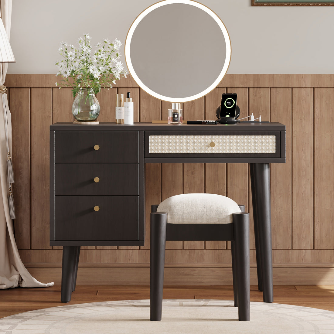 39" Retro Bohemian Style Wooden Makeup Vanity Set With Charging Plug&Usb Port And Stool, Dressing Table With 3 Storage Drawers And 1 Rectangular Rattan Drawer, Black Black 4 Drawers Wood