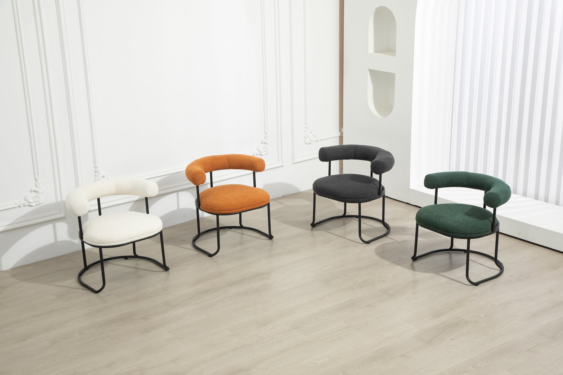 Coolmore Boucle Dining Chairs Set Of 2, Mid Century Modern Curved Backrest Chair, Round Upholstered Kitchen Chairs Carbon Black Boucle Carbon Black Foam Mdf Metal