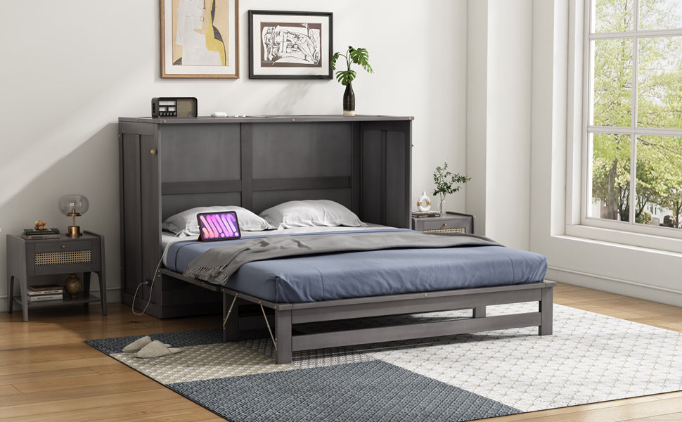 Queen Size Murphy Bed With Built In Charging Station, Antique Grey Box Spring Not Required Queen Antique Gray Wood Pine Wood