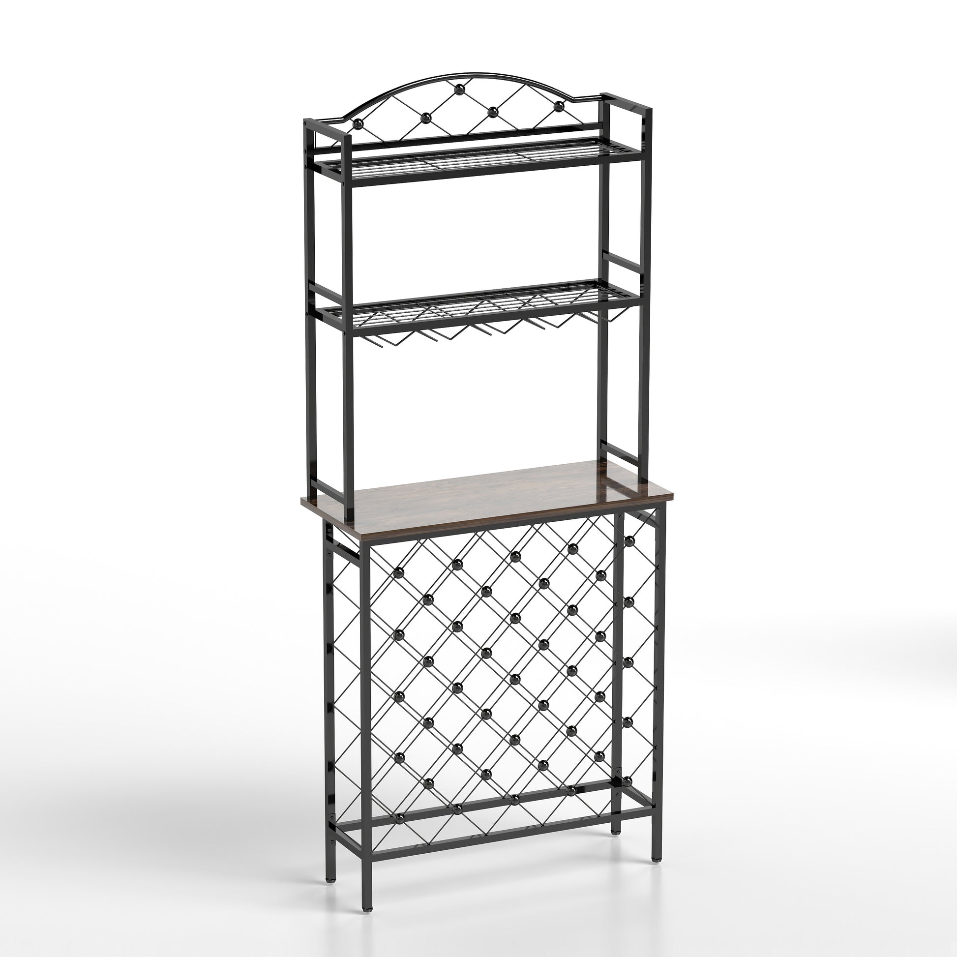 Industrial Wine Rack Bar Table, 3 Tier Liquor Bottle And Glass Holder With Storage Shelves, Metal And Wood Wine Organizer For Home Kitchen, Dining Room, And Living Room Black Brown Kitchen American