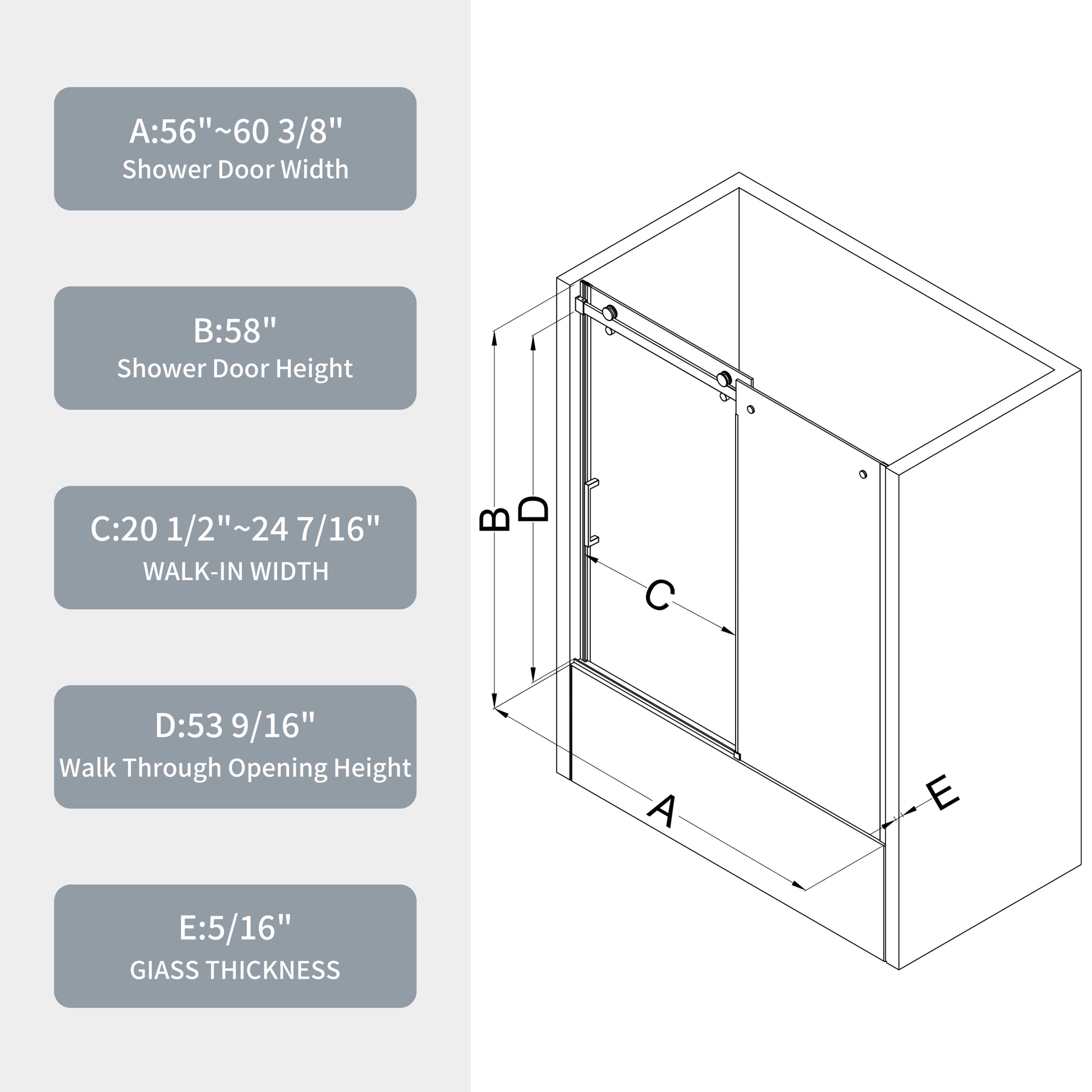 Bathtub Shower Door, Sliding Door, With 5 16" Tempered Glass And Matted Black Finish 6058 Matte Black Aluminium Alloy