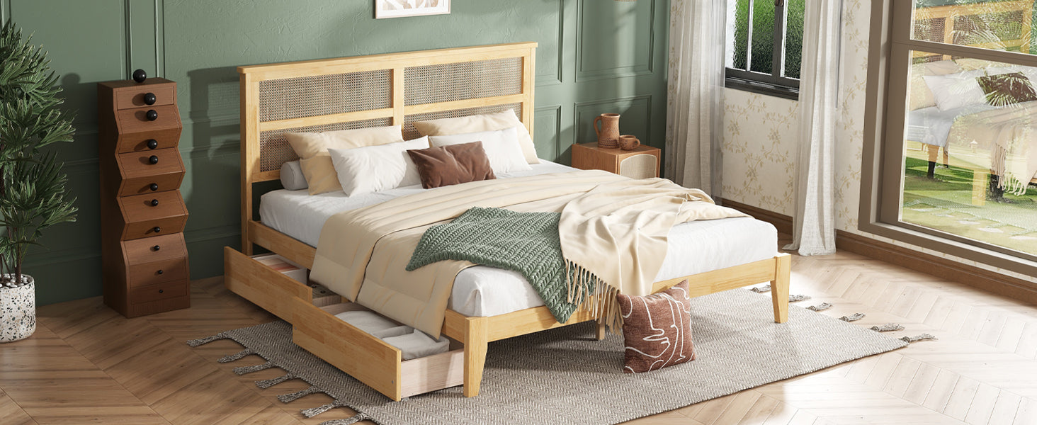 King Size Bed With Rattan Headboard, Two Storage Drawers, Rubber Wood Bed With Enhanced Support Salts And Feet,White Oak King White Oak Rubber Wood