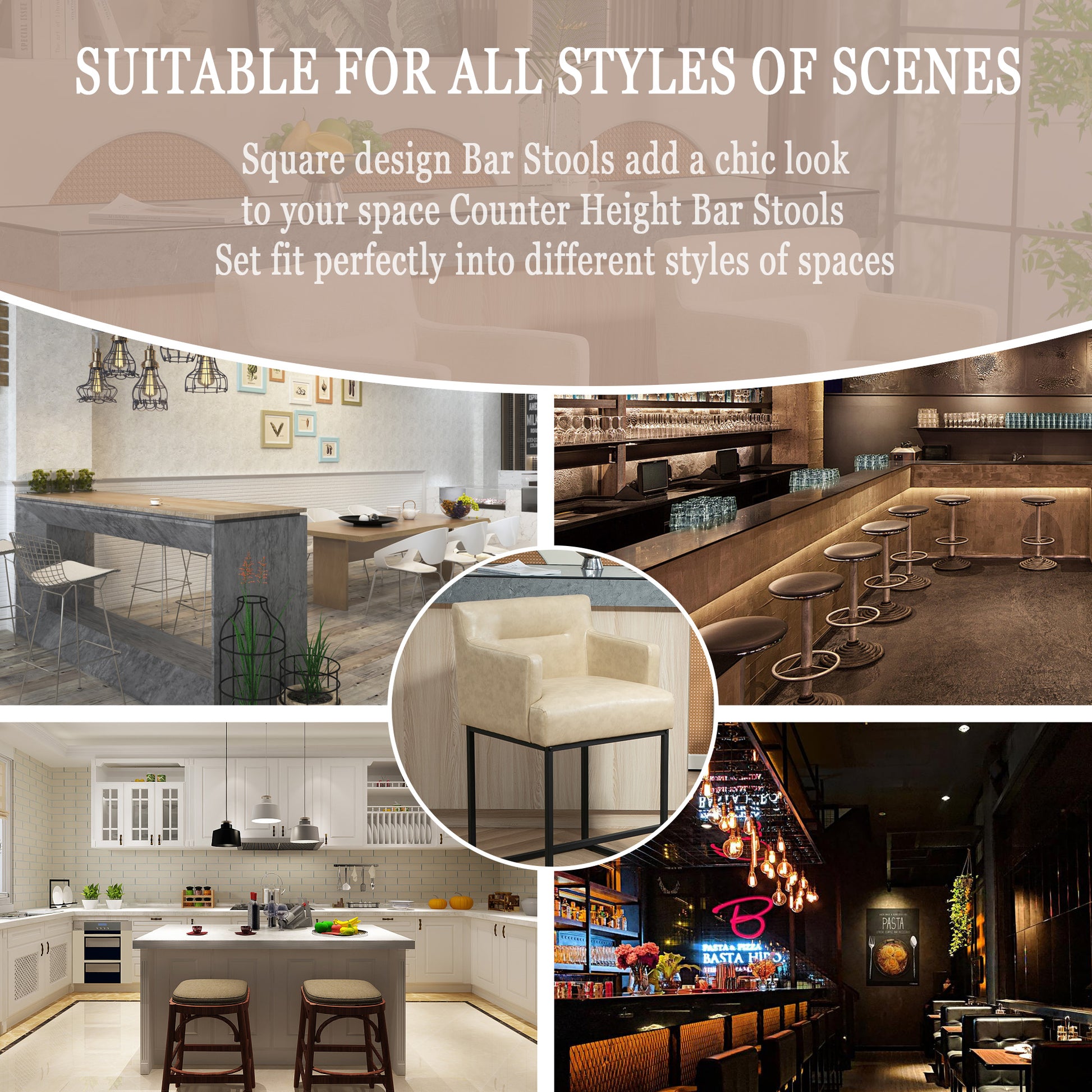 Coolmore Counter Height Bar Stools Set Of 2, Modern Square Bar Stool With Back, Black Metal Frames, Upholstered Bar Stools For Kitchen Island, Pub, Club Khaki Pu Khaki Primary Living Space Foam Pu