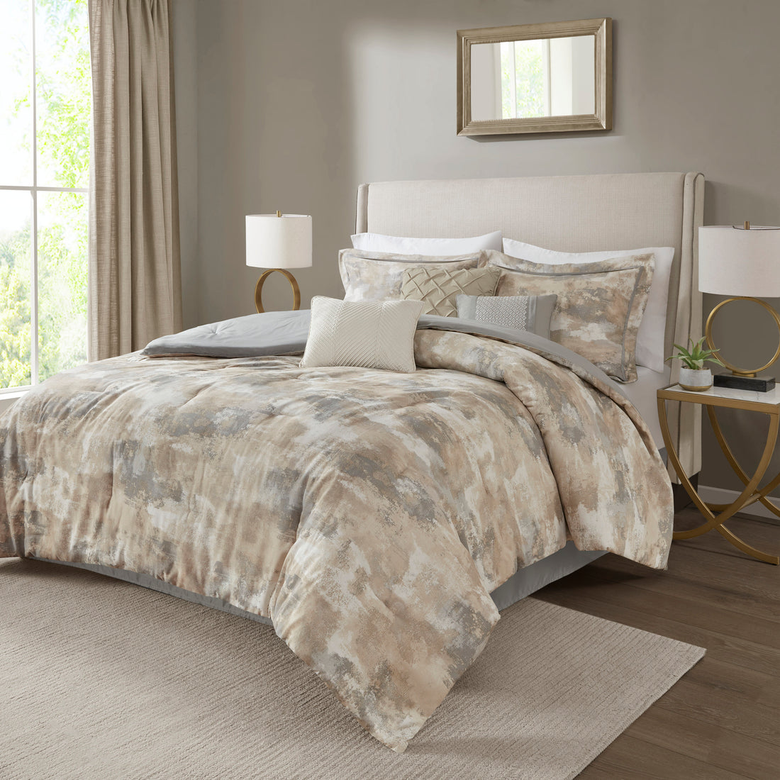 7 Piece Textured Cotton Blend Comforter Set Gray Cal King California King Multicolor Polyester