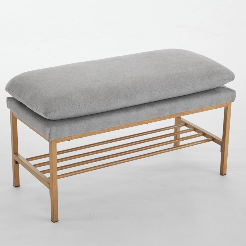 End Of Bed Bench With Shelf, Linen Upholstered Storage Shoe Bench, Modern Bedroom Bench With Metal Legs For Living Room, Entryway, Dining Room, 300 Lb, Linen Color Gray Gray Polyester Blend