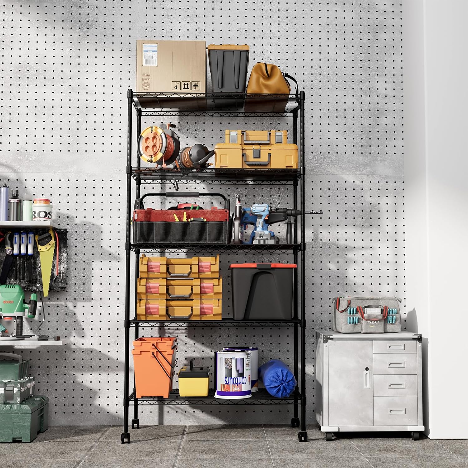 Heavy Duty 5 Shelf Storage Shelving Unit, 1250Lbs Loading Capacity, 29.92" D X 13.98" W X 62.99" H Adjustable Steel Organizer Wire Rack, Black, 2 Pack Black Steel