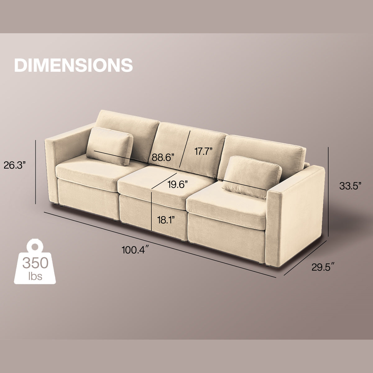 Modern Velvet Modular Sectional Sofa, Convertible Sofa Set With Pillows, Oversized Sectional Couches For Living Room, Loft, Apartment, Office White 3 Seats Wood Primary Living Space Medium Duty Pine 3 Seat White Velvet Medium Soft Cushion Back