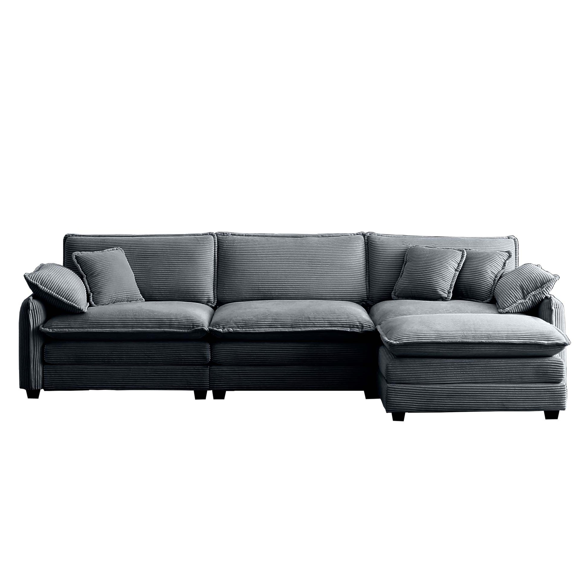 Oversize 3 Seater Sofa With One Footrest, L Shaped Sectional Sofa With Ottoman For Living Rooms,Grey Corduroy Sofa Grey Corduroy 3 Seat