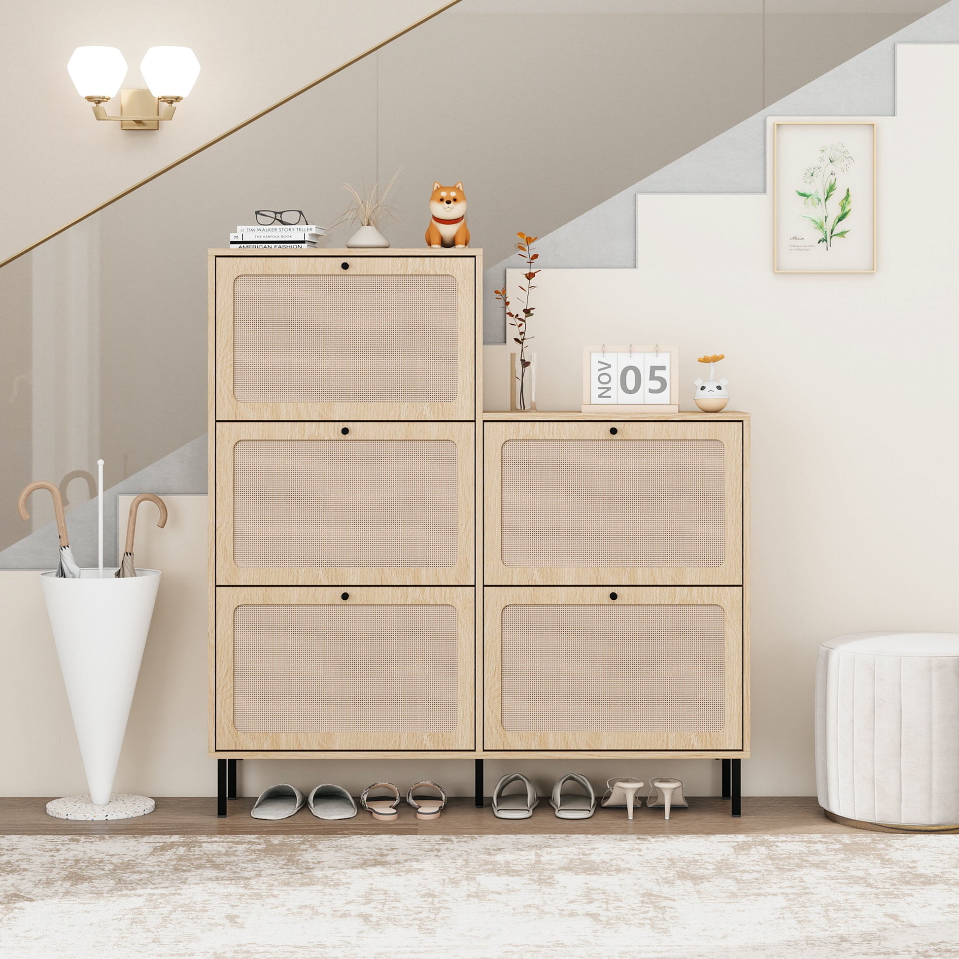 Rattan 5 Door Shoe Rack, Freestanding Modern Shoe Storage Cabinet, For Entryway Natural Mdf