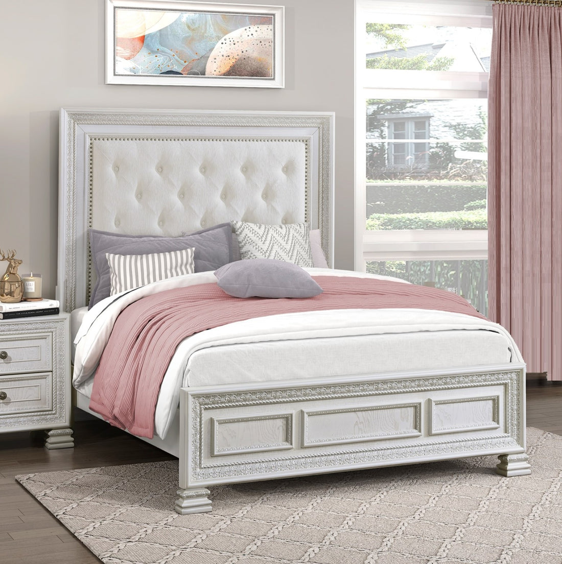 Classic Luxury Pearl White Finish King Bed Button Tufted Upholstered Headboard Bedroom Furniture 1Pc, Dart Molding Design Panels Box Spring Required King White Wood Bedroom Bed Frame Polyester Wood