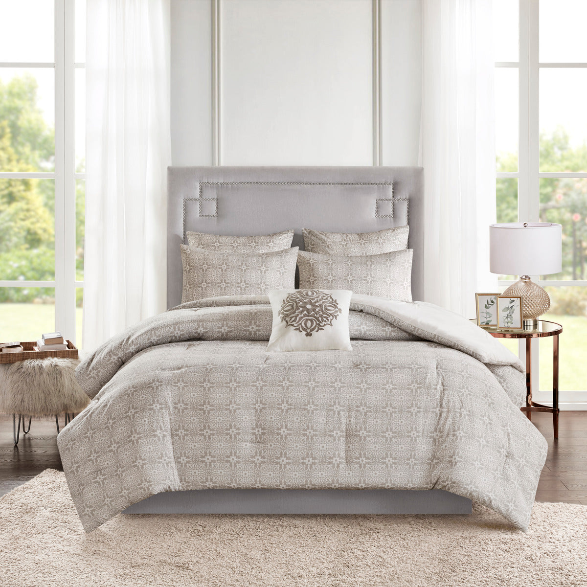6 Piece Embroidered Cotton Reversible Comforter Set Ivory Full Queen Full Ivory Polyester
