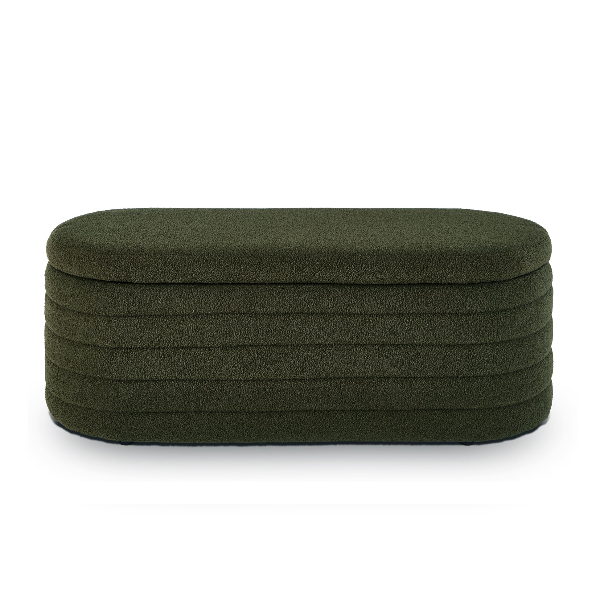 Modern Oval Storage Ottoman Bench, Upholstered Boucle Teddy Fabric End Of Bed Bench With Storage, End Of Bed Stool With Safety Hinge For Bedroom, Living Room, Entryway, Dark Green Dark Green Primary Living Space Oval Black American