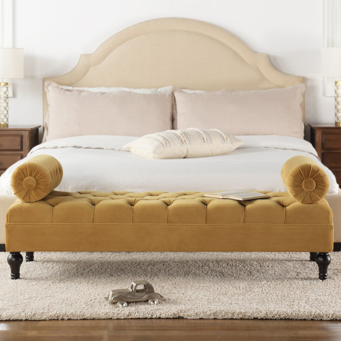 Lewis Bolster Arm Entryway Bench, Gold Velvet Yellow Foam Velvet