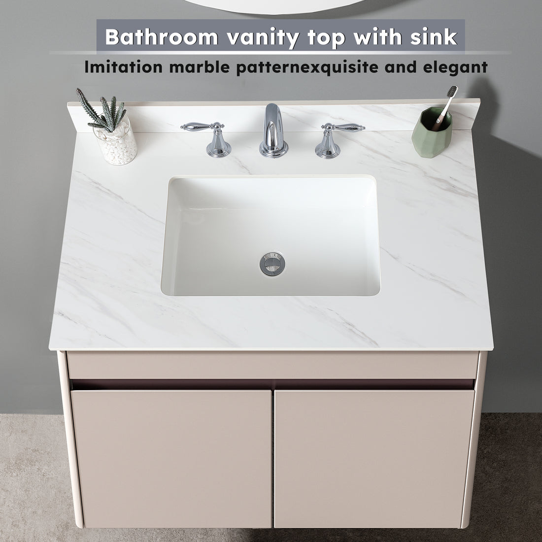37 Inch Marble Vanity Top, White Vanity Top With Pre Drilled Faucet Holes, Bathroom Vanity Top With Undermount Rectangular Middle Sink And 4" Height Backsplash, Bianco Carrara Venato White Bathroom Sintered Stone