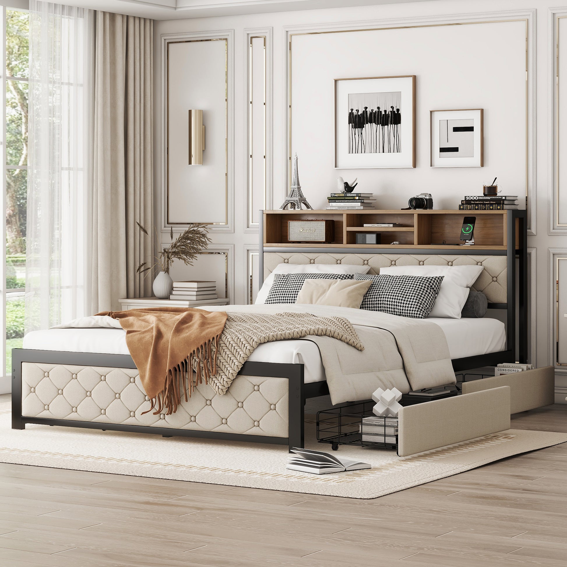 Metal Queen Size Platform Bed With 4 Drawers, Upholstered Headboard And Footboard, Sockets And Usb Ports, Beige Queen Beige Black Fabric Metal