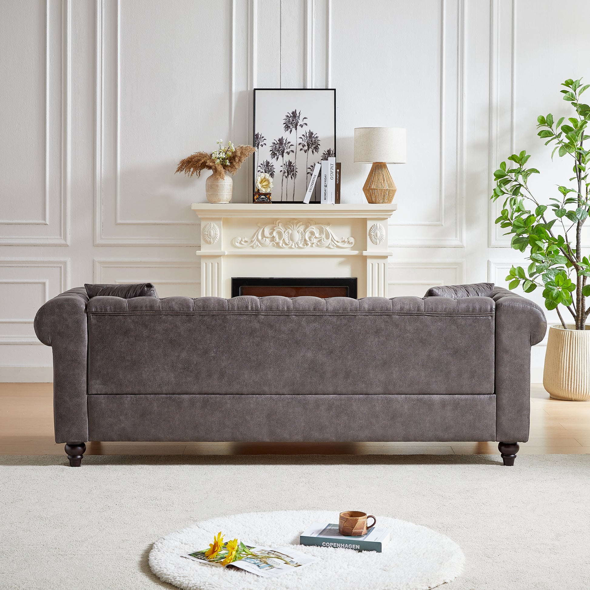 Fx 85.5"Living Room With Tech Fabric Chesterfield Sofa With Rolled Arms 3 Seater Sofa With Button Design And 2 Cushions For Apartment, Office, Living Room Grey Wood Primary Living Space Pine Foam Fabric 3 Seat