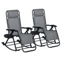 Outsunny 2 Pieces Outdoor Rocking Chairs, Foldable Reclining Zero Gravity Lounge Rocker With Pillow, Cup & Phone Holder, Combo Design With Folding Legs, Gray Gray Steel