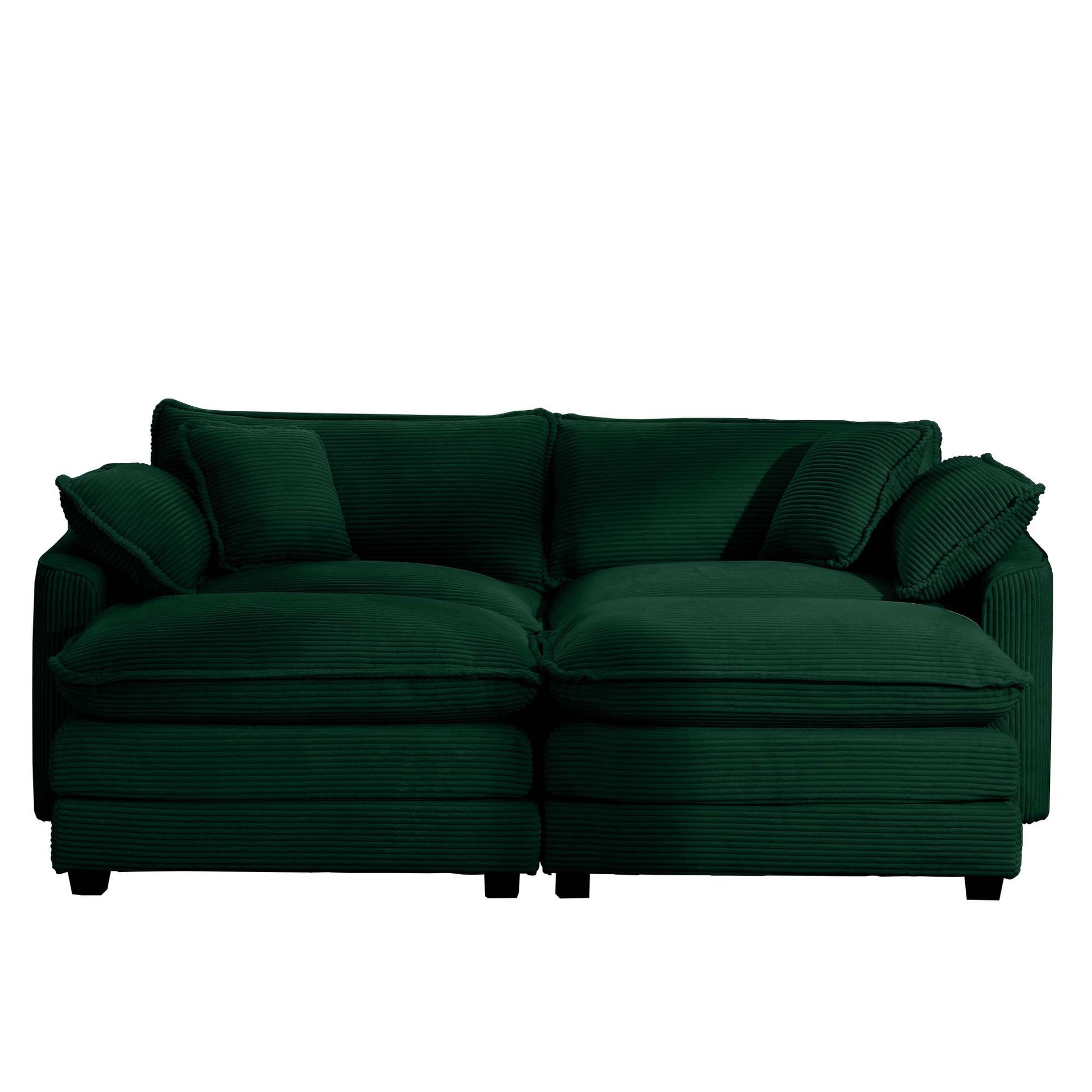 Corduroy Two Seater Sofa With 2 Footrest, 2 Seater Sofa With Ottoman For Small Living Spaces, Green Corduroy Sofa Green Corduroy 2 Seat