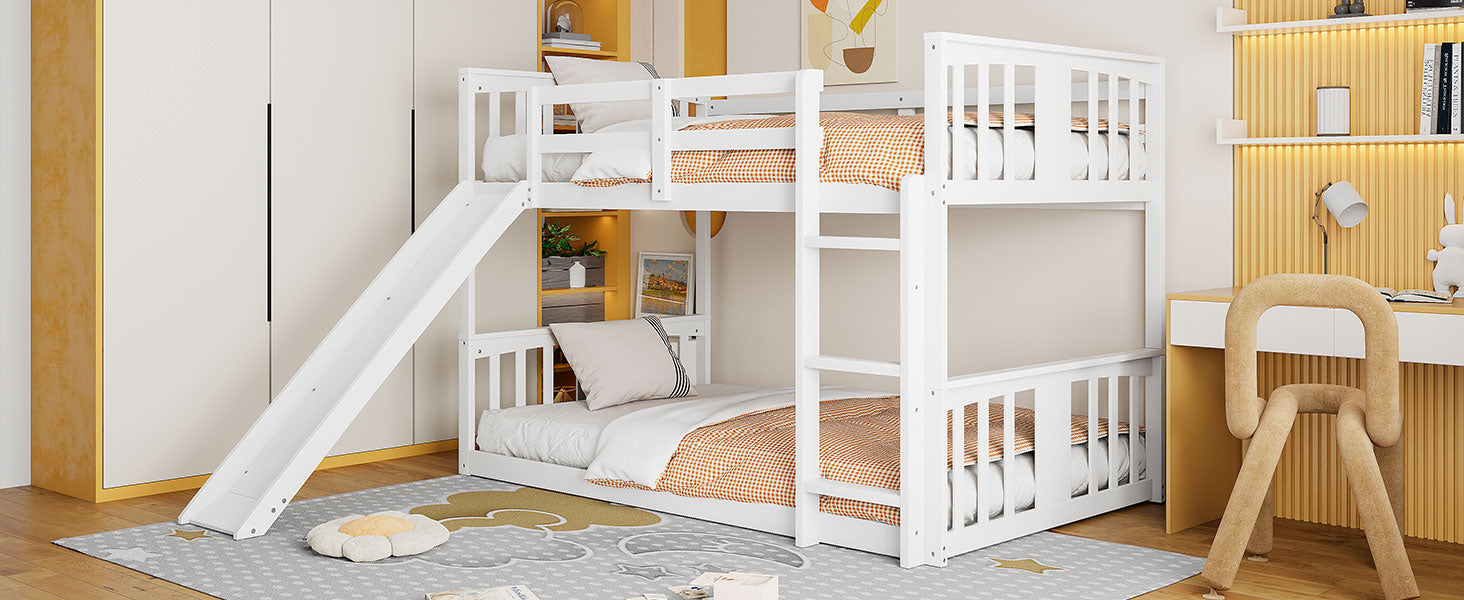 Twin Over Twin Bunk Bed With Slide And Ladder, White Old Sku:Lt000108Aak Twin White Plywood
