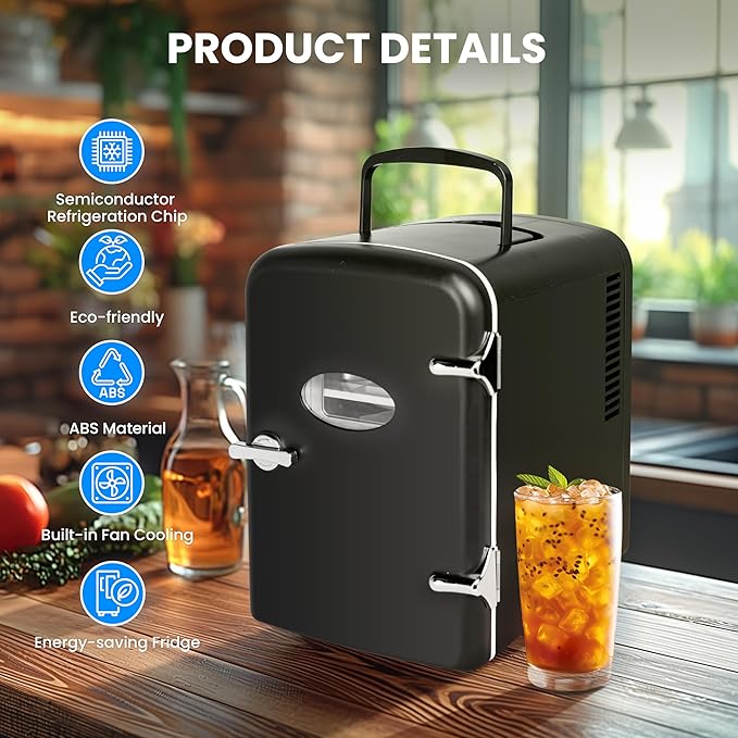 4L Portable Mini Fridge Warmer And Cooler Six 12Oz Cans Compact Refrigerator, 100% Freon Free & Eco Friendly, 4 L, Black Black Plastic