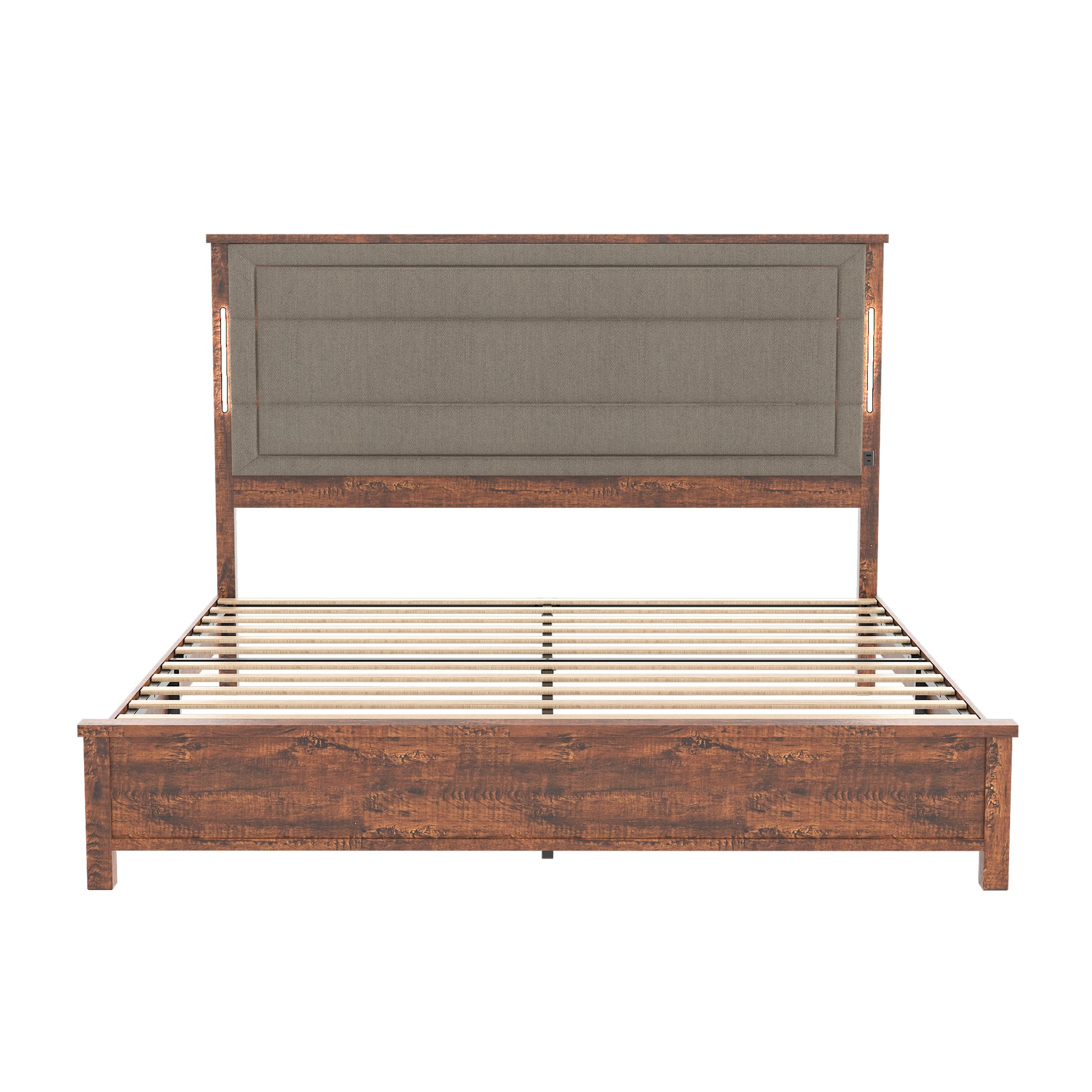 King Size Bed Frame With Upholstered Headboard, King Bed Frame With Charging Station And Led Lights, Wood Slats, Dark Gray Linen, No Box Spring Needed, Easy Assembly Box Spring Not Required King Brown Grey Wood Bedroom Bed Frame Linen Mdf Metal