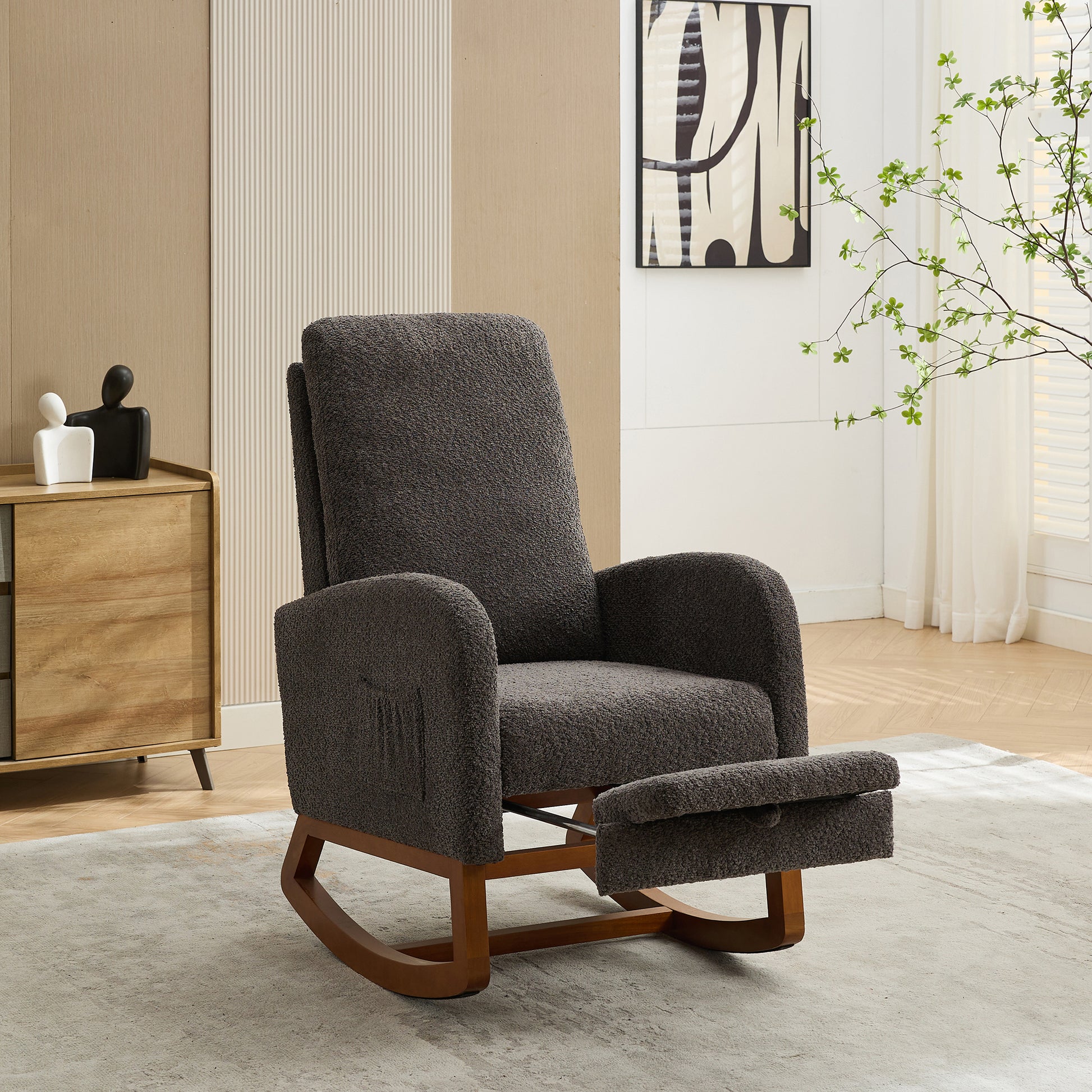 25.4"W Rocking Chair For Nursery, High Back Glider Chair With Retractable Footrest, Side Pocket, Rocking Accent Armchair With Rubber Wood Legs For Living Room Bedroom.Charcoal Charcoal Boucle