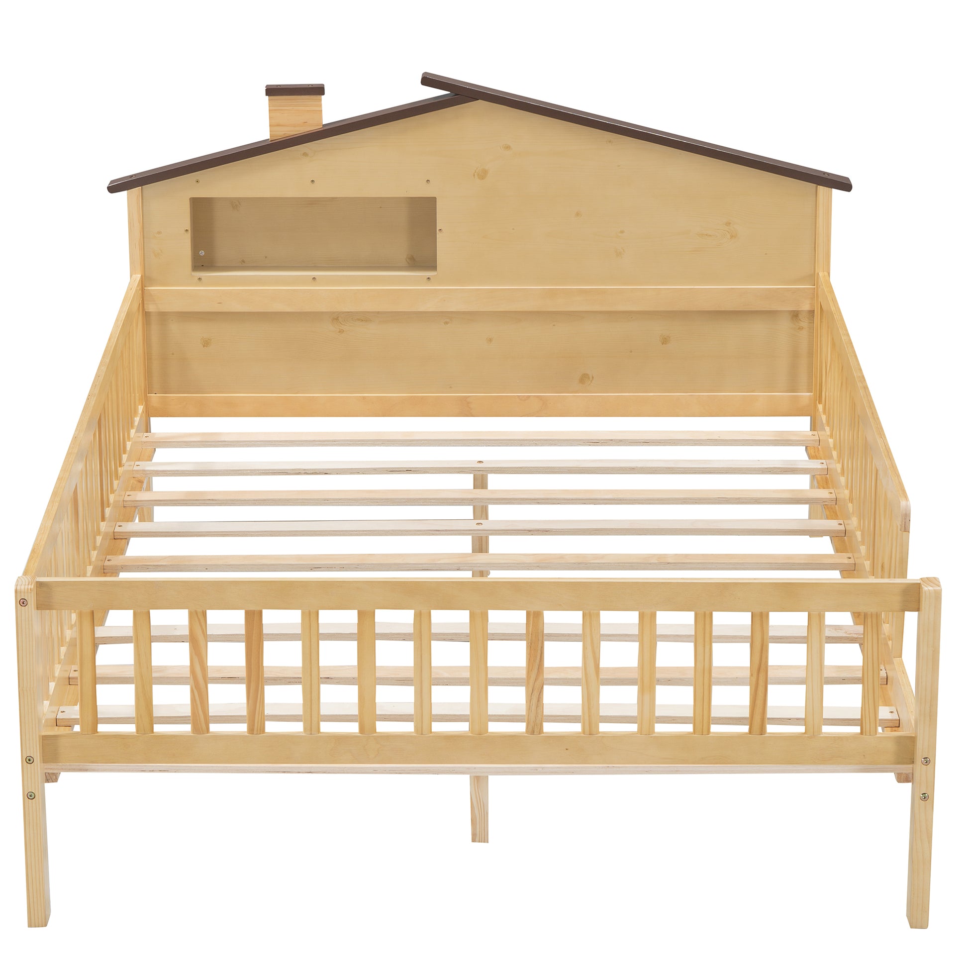 Full Size Wood Platform Bed With House Shaped Headboard, Led And Built In Storage, Natural Box Spring Not Required Full Natural Wood Bedroom Bed Frame Wood