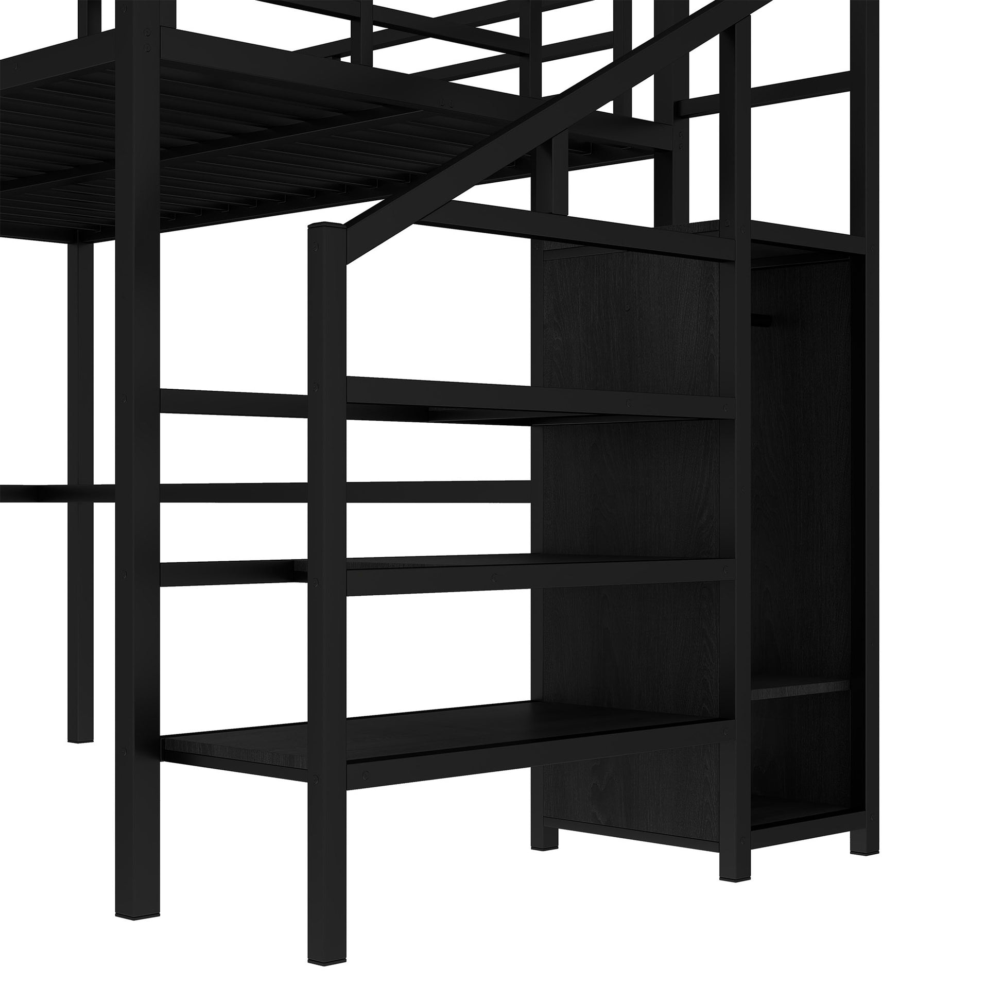 Full Size Loft Bed With L Shaped Desk And Usb, Metal Loft Bed With Wardrobe And Adjustable Shelf, High Loft Bed With Led For Kids Teens Adults, Black Full Black Metal