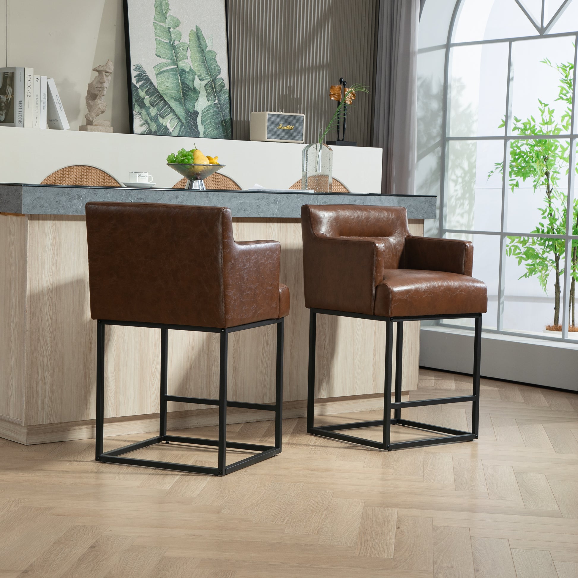 Coolmore Counter Height Bar Stools Set Of 2, Modern Square Bar Stool With Back, Black Metal Frames, Upholstered Bar Stools For Kitchen Island, Pub, Club Brown Pu Brown Pu Primary Living Space Foam Pu
