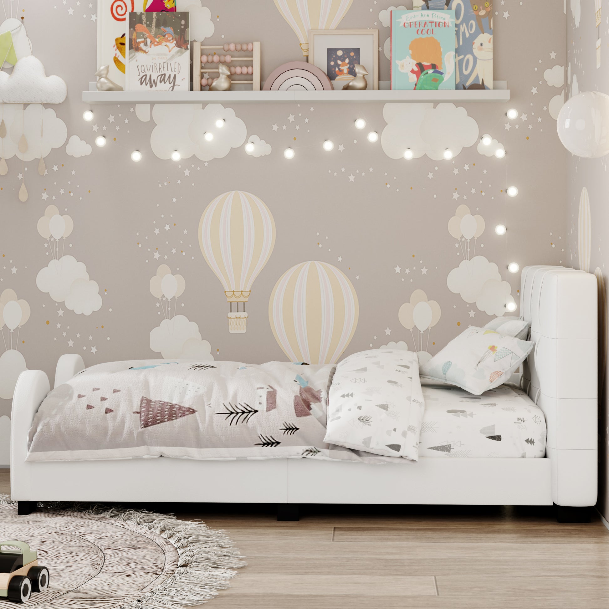 Twin Size Upholstered Platform Bed With Guardrail, White Box Spring Not Required Twin White Wood Faux Leather Upholstered