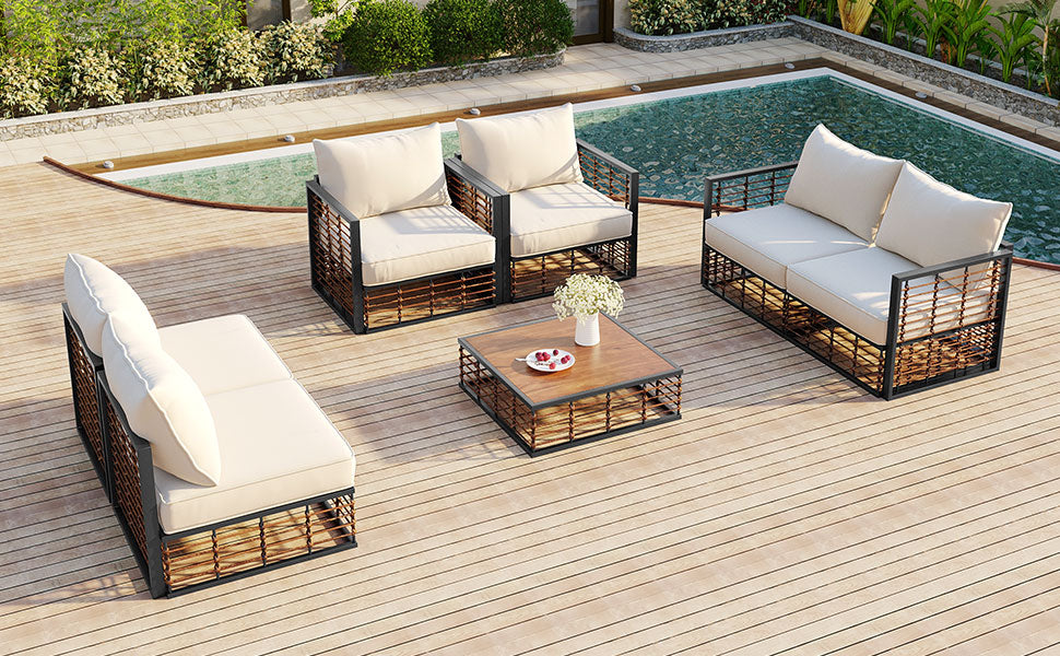 Modern Minimalist 7 Piece Metal Patio Sectional Sofa Set, All Weather Garden Conversational Furniture Set With Thick Cushions And Coffee Table For Indoor Outdoor, Gray Yes Deep Seating White Weather