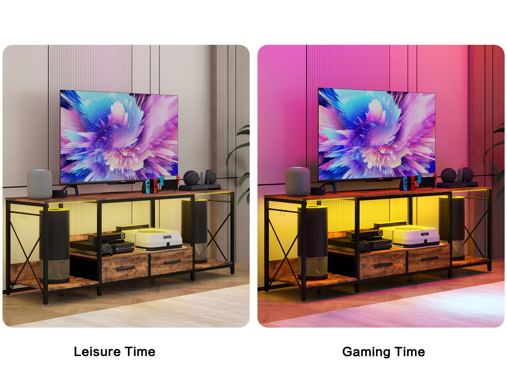 Tv Stand With Led Lights Power Outlets Tv Stand With Fabric Drawers For 65 70 75 Inches Tv Entertainment Center And Industrial Tv Console Table With Open Storage Shelves For Living Room, Bedroom