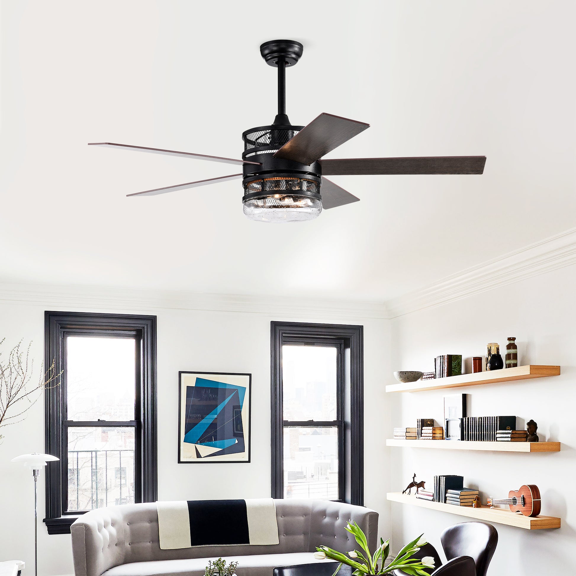 52 Inch 5 Blade Lighted Ceiling Fan With Remote Controlglass Shade Optional Remote Matte Black Matte Black American Design,American Traditional,Classic,Contemporary,Farmhouse Plywood Metal