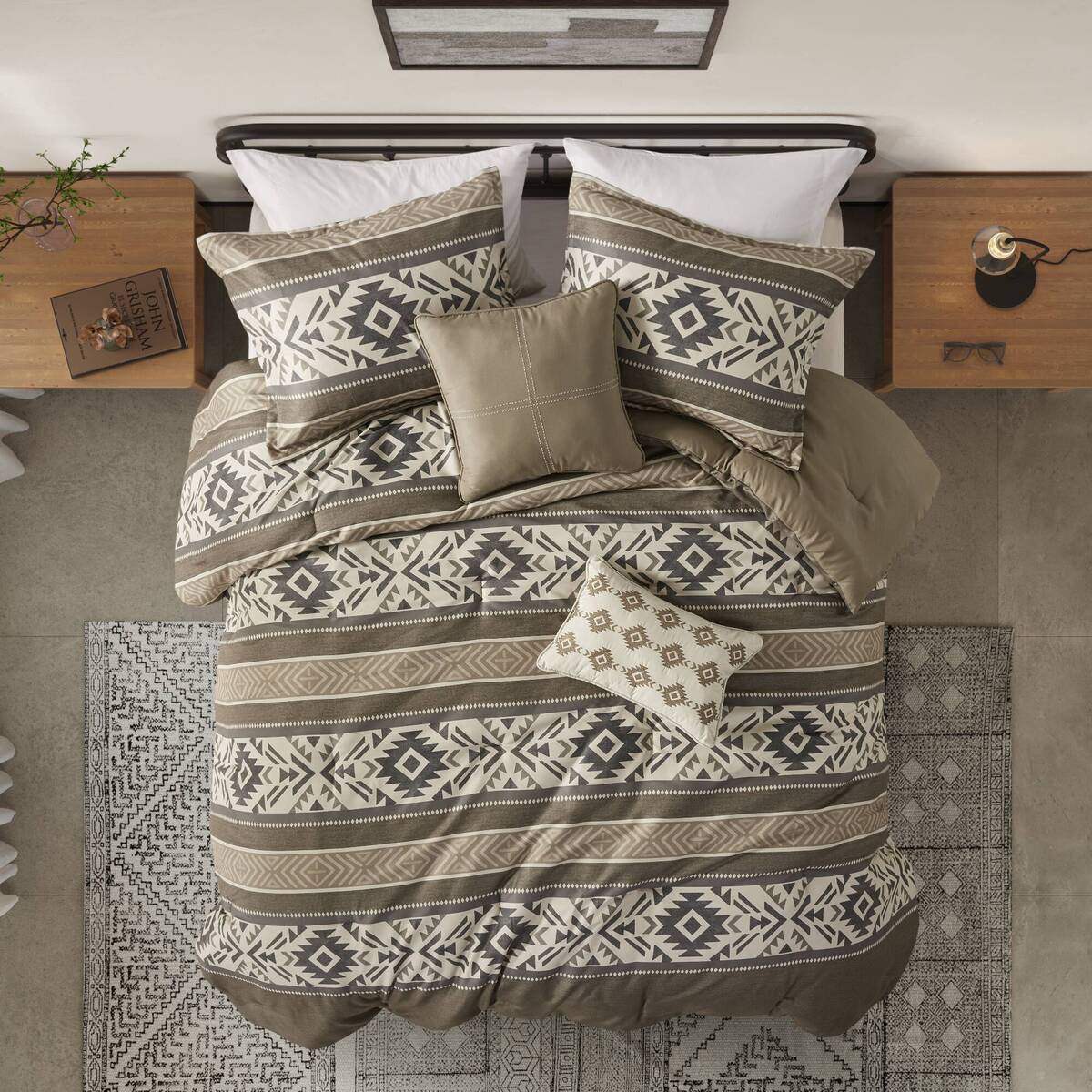 5 Piece Stripe Herringbone Comforter Set With Throw Pillows Brown Full Queen Brown Polyester