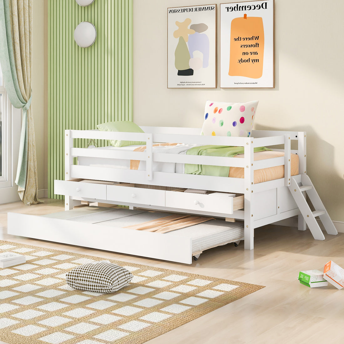 Low Loft Bed Twin Size With Full Safety Fence, Climbing Ladder, Storage Drawers And Trundle White Solid Wood Bed White Solid Wood