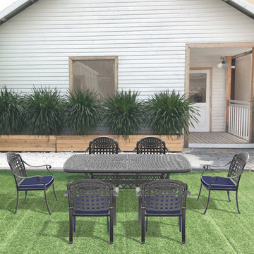 Cushions In Random Colors 7 Piece Set Of Cast Aluminum Patio Furniture With Cushions Yes Black Seats 6 Rust Resistant Frame Water Resistant Cushion Garden & Outdoor Aluminium