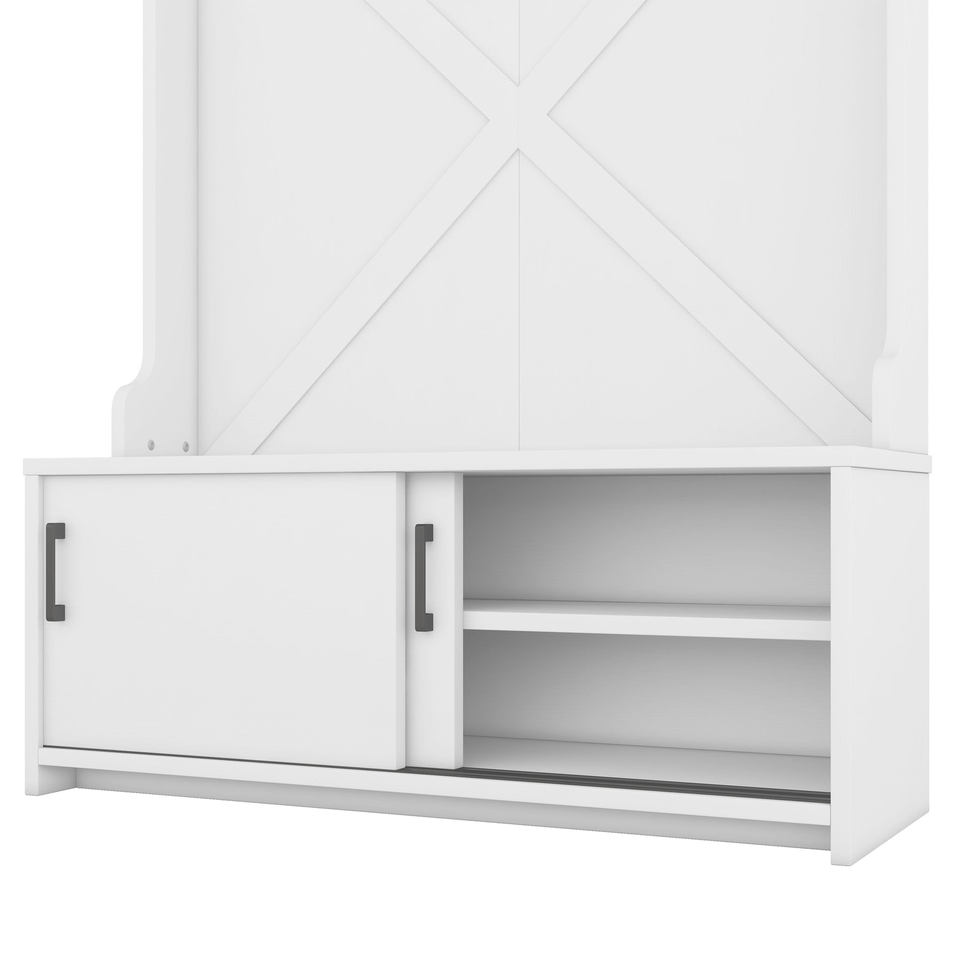 Hall Tree With Top Shelf And Storage Bench, Hallway Shoe Cabinet With Sliding Doors, Coat Rack With 5 Hanging Hooks For Entryways Hallways,White Off White Particle Board Mdf