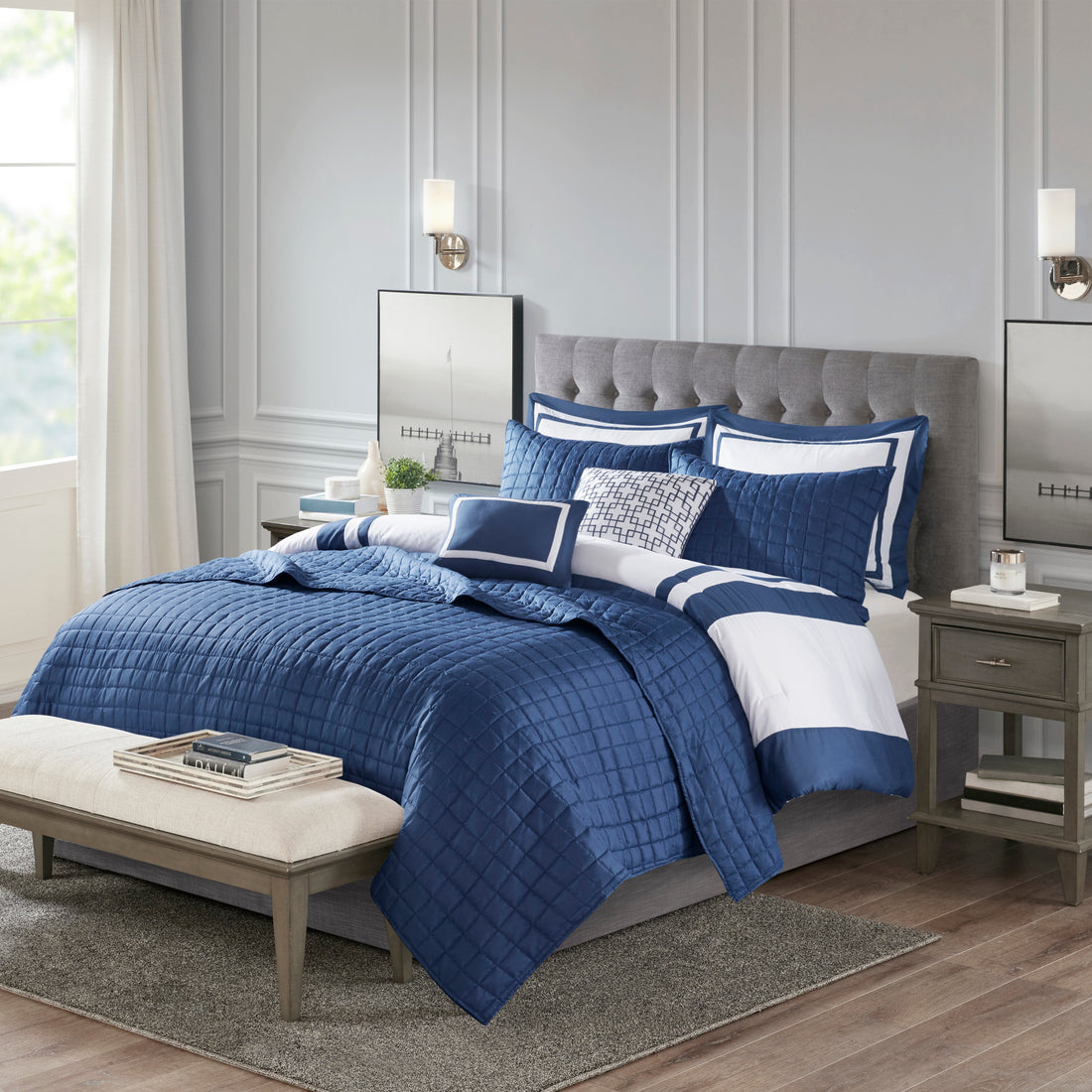 8 Piece Comforter And Quilt Set Collection Navy Full Queen Full Navy Polyester