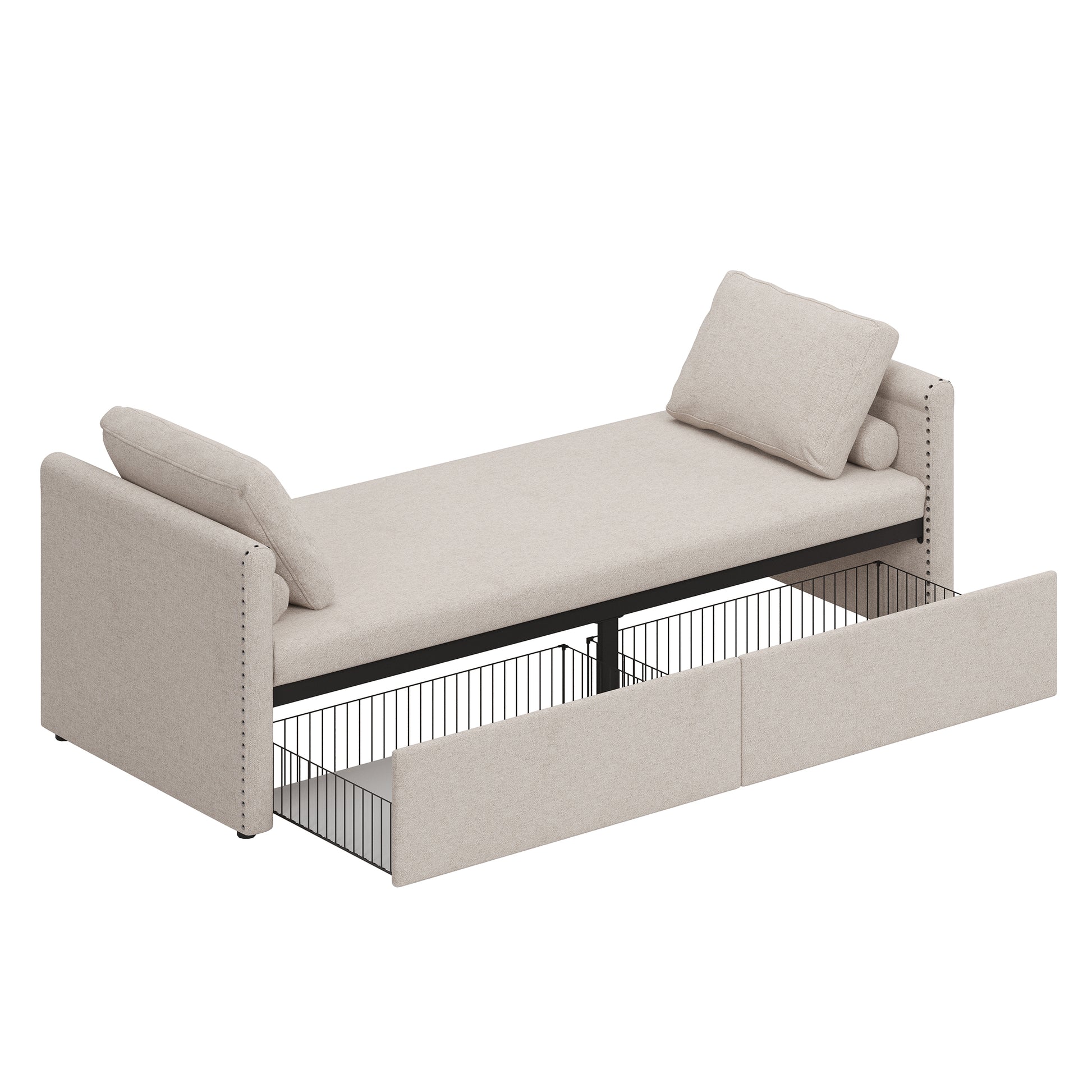 Modern Upholstered Chaise Lounger Daybed Small Single Daybed With 2 Drawers, No Mattress Needed, Perfect For Living Rooms & Home Office, Linen Fabric, Beige Beige Linen