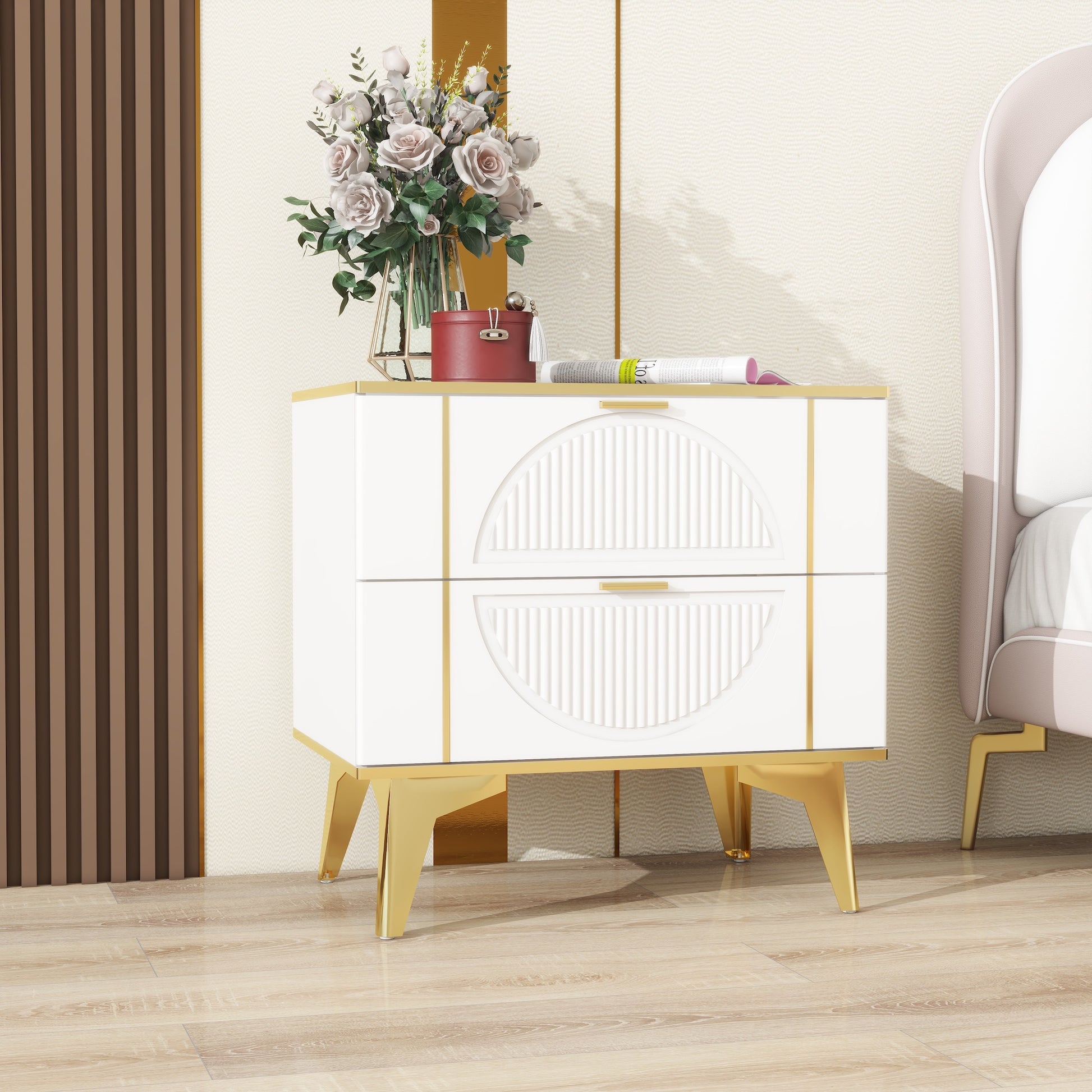 Two Pack White 2 Drawer Round Card Gold Bar Blister Nightstand White Wood