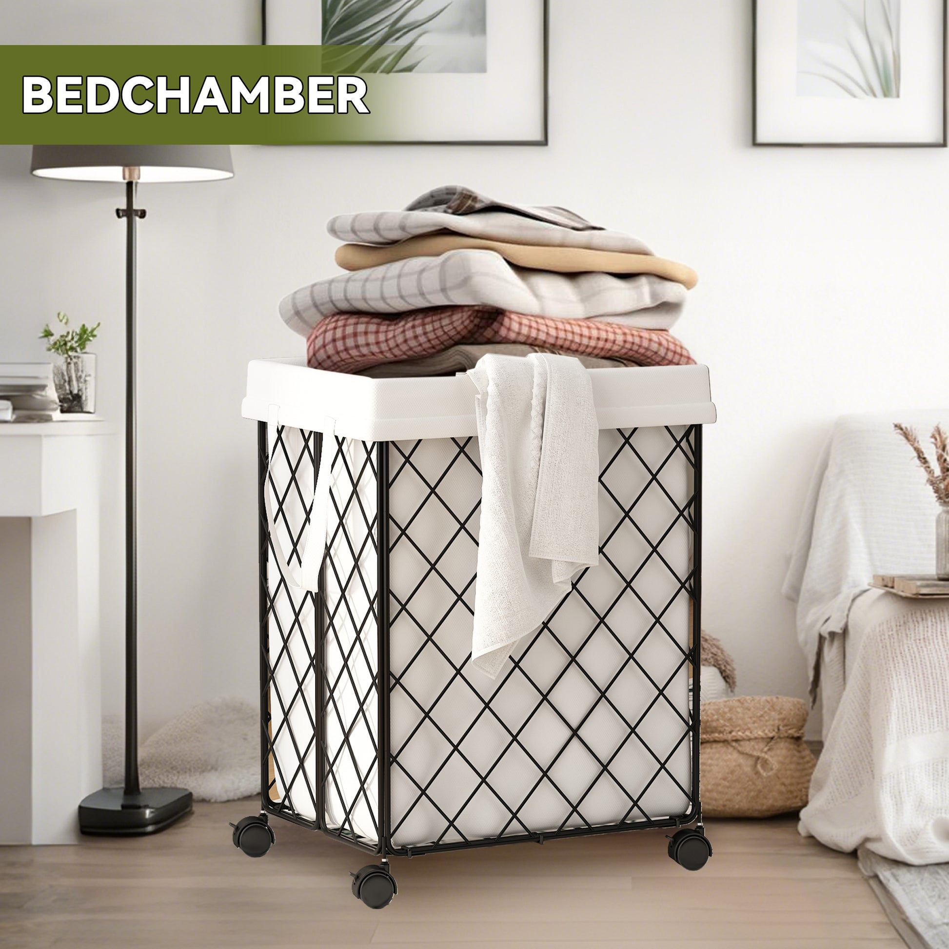 Laundry Basket With Wheels, Rolling Laundry Hamper, Detachable And Washable Lining, Metal Frame, Suitable For Bedrooms, Bathrooms, Laundry Rooms, White White Black 1 Foldable Freestanding Boho
