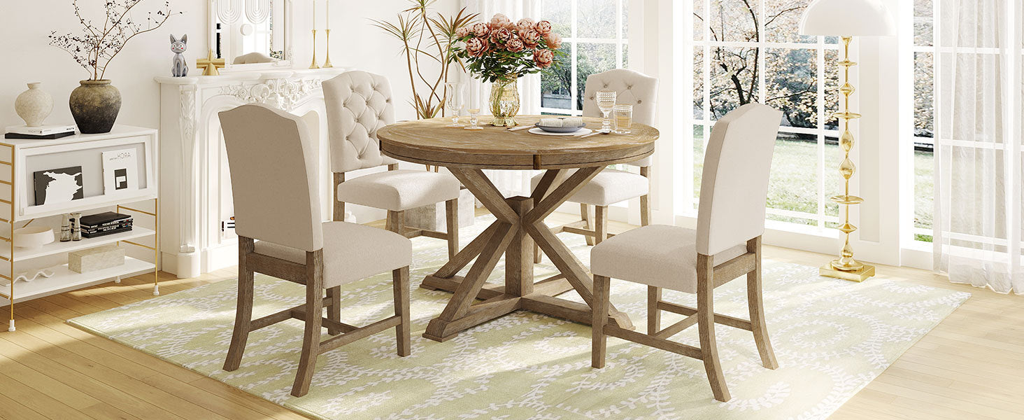Functional Furniture Retro Style Dining Table Set With Extendable Table And 4 Upholstered Chairs For Dining Room And Living Room Natural Wood Wash Natural Wood Wash Solid Wood