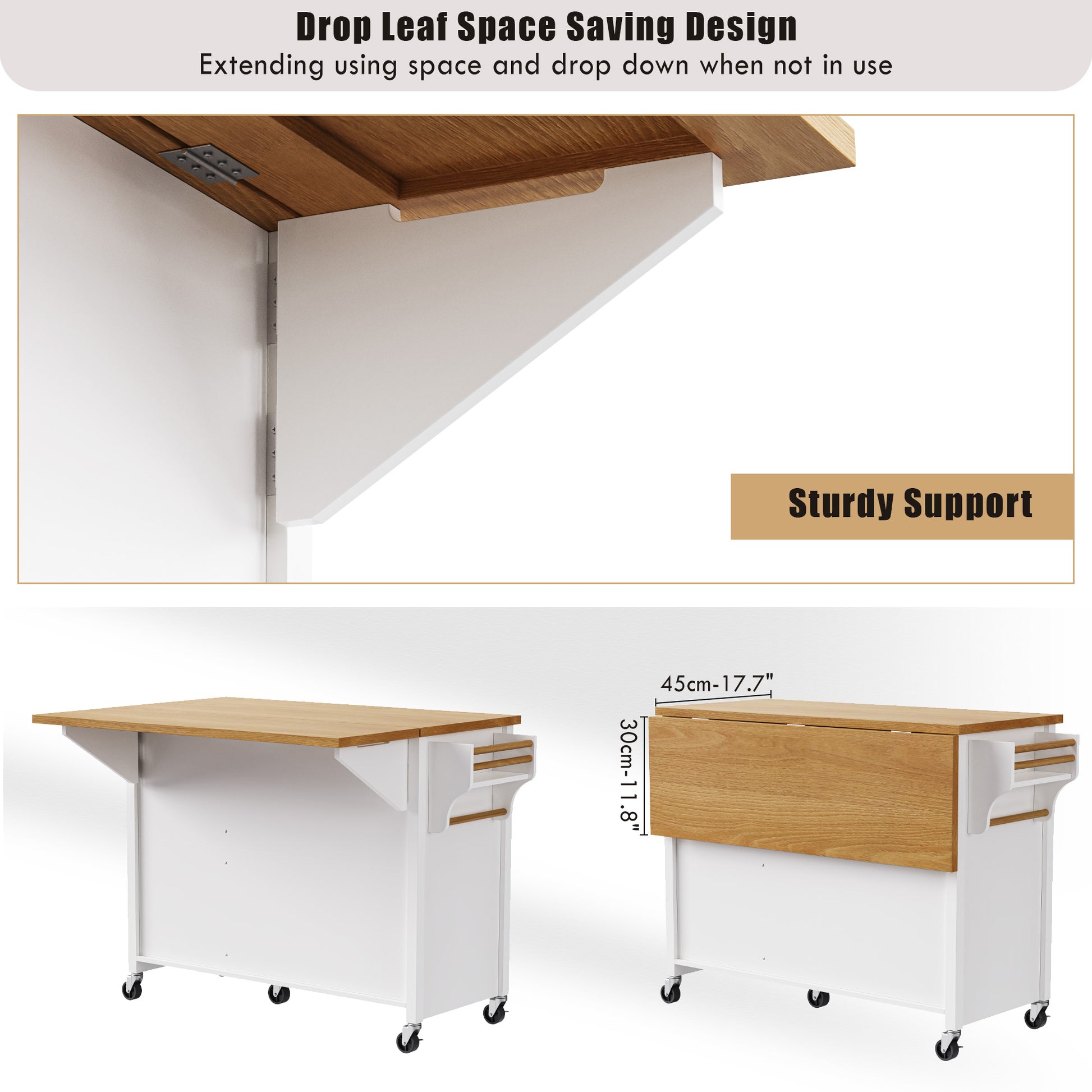 K&K 52'' Kitchen Island With Drop Leaf, Embossed Texture Kitchen Island On Wheels With Spice Rack, Towel Rack, 2 Doors And 5 Drawers, Kitchen Storage Cart With Adjustable Shelf For Kitchen, White