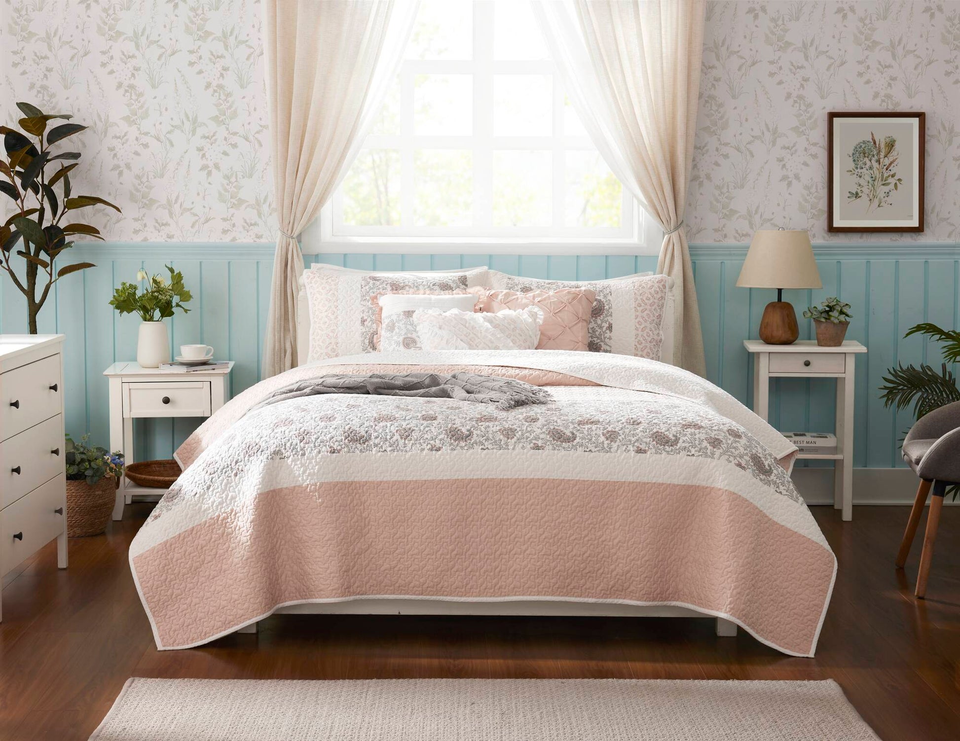 6 Piece Cotton Percale Quilt Set With Throw Pillows Blush King Cal King King Blush Polyester