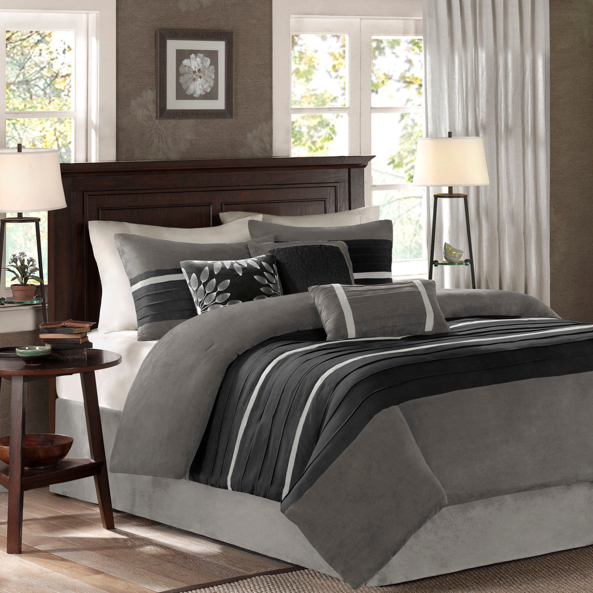 7 Pc Pieced Faux Suede Comforter Set Black King King Black Polyester