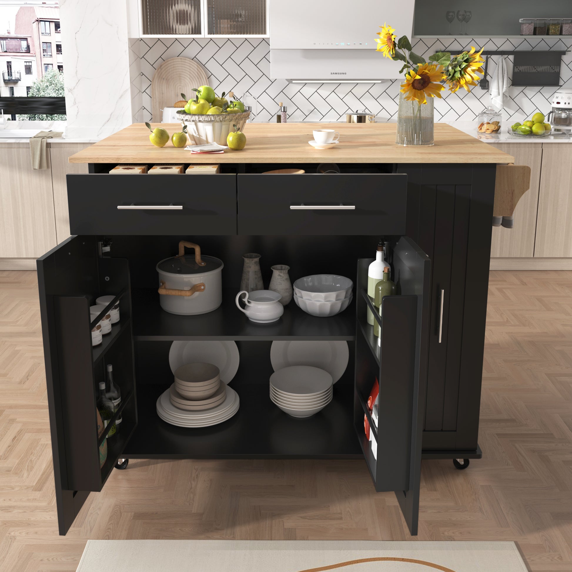 K&K Kitchen Island With Drop Leaf, Kitchen Storage Cart With 3 Tier Pull Out Cabinet Organizer, Internal Storage Rack, Rolling Kitchen Cart On Wheels With Towel Rack, 2 Drawers, For Kitchen, Black Black Brown Kitchen Classic,Farmhouse,Luxury,Modern