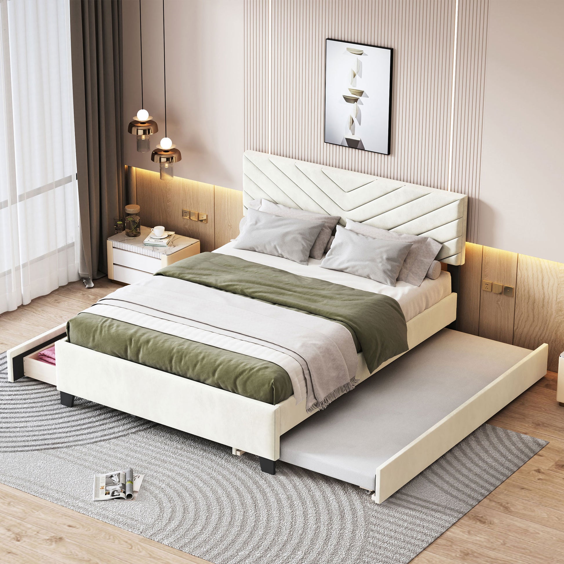 Queen Size Upholstered Platform Bed With Twill Headboard, Pullout Bed And Two Drawers, Flannel, Beige Queen Beige Mdf Lvl